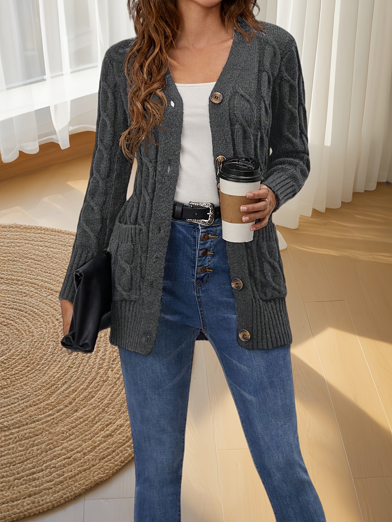 Elegant Women's Cable-Knit Cardigan - Cozy Button-Up V-Neck Sweater Jacket with Pockets, Long Sleeves in Heather Gray, 100% Polyester, Machine Washable for Fall/Winter