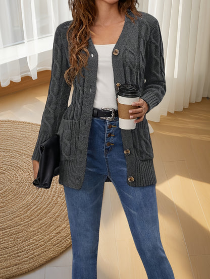 Elegant Women's Cable-Knit Cardigan - Cozy Button-Up V-Neck Sweater Jacket with Pockets, Long Sleeves in Heather Gray, 100% Polyester, Machine Washable for Fall/Winter