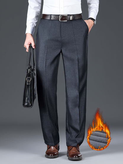 Men'S Solid Color Polyester Dress Pants - Fall/Winter Warm Fleece-Lined Thickened Straight-Leg Trousers with Slant Pockets, Regular Fit, Non-Stretch Woven Fabric, Long Length