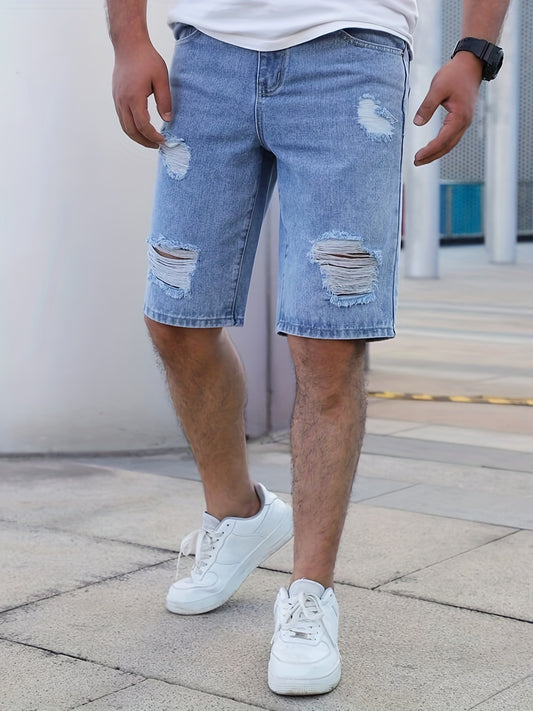 Men'S Casual Ripped Denim Shorts, 85% Cotton 15% Polyester Blend, Knee High, Non-Stretch, Solid Color, Loose Fit Skinny Contour, Woven Fabric, 375g/m² - Summer Fashion