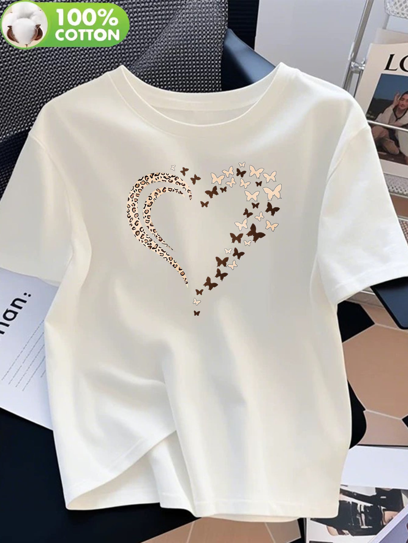 Women's Casual Cotton T-Shirt with Heart Butterfly Applique