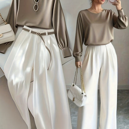 New Women's Elegant Casual Long-Sleeve Shirt + Straight-Leg Pants Set, Belt Not Included [Cherry Bean] - ayq
