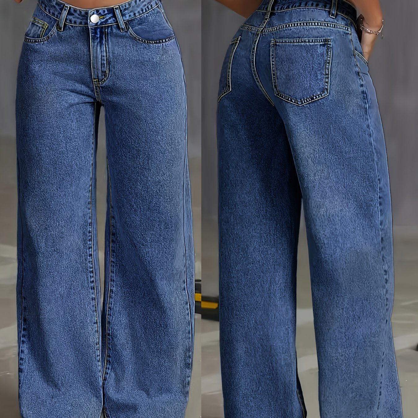 Women'S Plus Size High-Waisted Denim Jeans, Street Style Solid Color, Medium Stretch Washed Fabric, All-Season Oversized Casual Pants with Zipper Fly Closure, 59.8%, 38.4% Polyester, 1.8% Elastane, 264g/m²