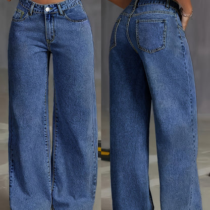 Women'S Plus Size High-Waisted Denim Jeans, Street Style Solid Color, Medium Stretch Washed Fabric, All-Season Oversized Casual Pants with Zipper Fly Closure, 59.8%, 38.4% Polyester, 1.8% Elastane, 264g/m²
