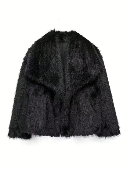 Women's Elegant Luxury Faux Fur Coat - Winter Warm Solid Black Outerwear with Plush Fur Collar, Machine Washable Winter Coat for Fall & Winter, Casual to Formal Events, Faux Fur Jacket for Women, Chic and Sophisticated Design