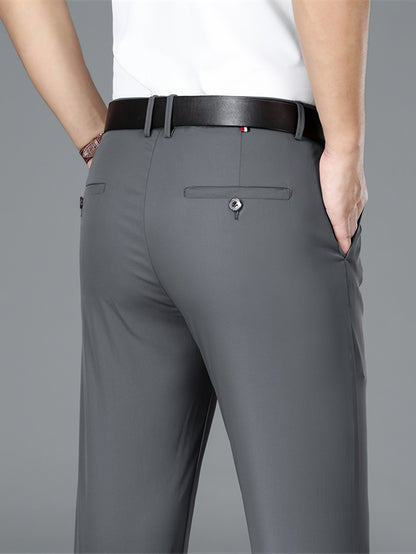 Men's Lightweight Summer Casual Pants, Slim Straight Fit, Polyester, Mid-Rise, Built-in Zipper, Regular Length - Ideal for Casual Attire