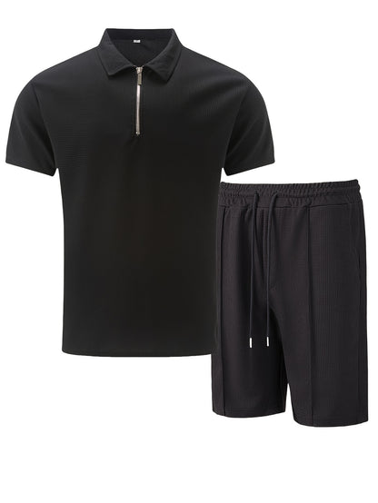 Men's Summer Casual 3-Piece Tracksuit Waffle Knit Half-Zip