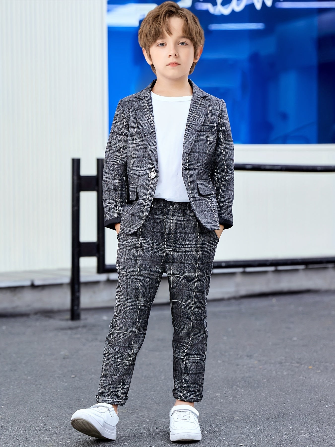 Boys' Plaid Formal Suit Set with Lapel Jacket and Trousers