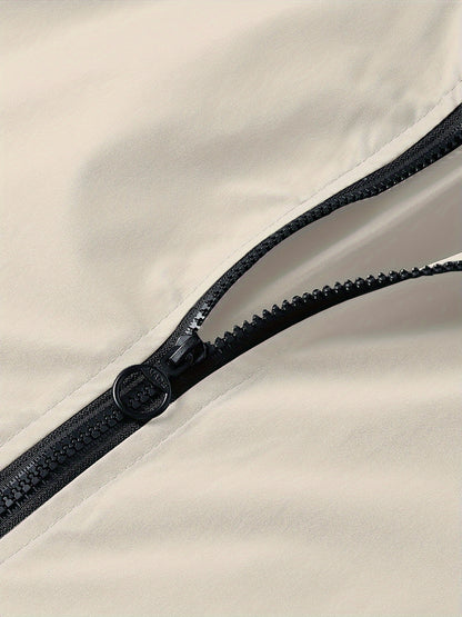 Men's Stand Collar Long Sleeve Zip Up Sports Jacket With Contrast Trim Design, Men's Spring Fall Outwear, As Gifts