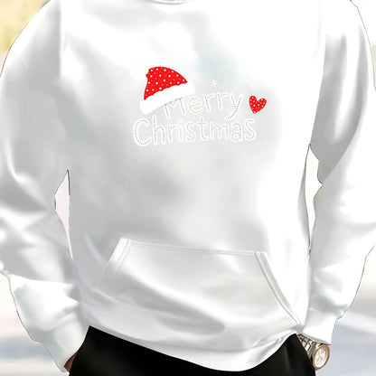 Men's White Christmas & New Year Oversized Sweatshirt - Long Loose Fit Casual Sweater with Pocket, Red Polka Santa Hat & Holly Berry Logo, Pink Heart Accent - Holiday Party Winter Wear (Machine Washable)