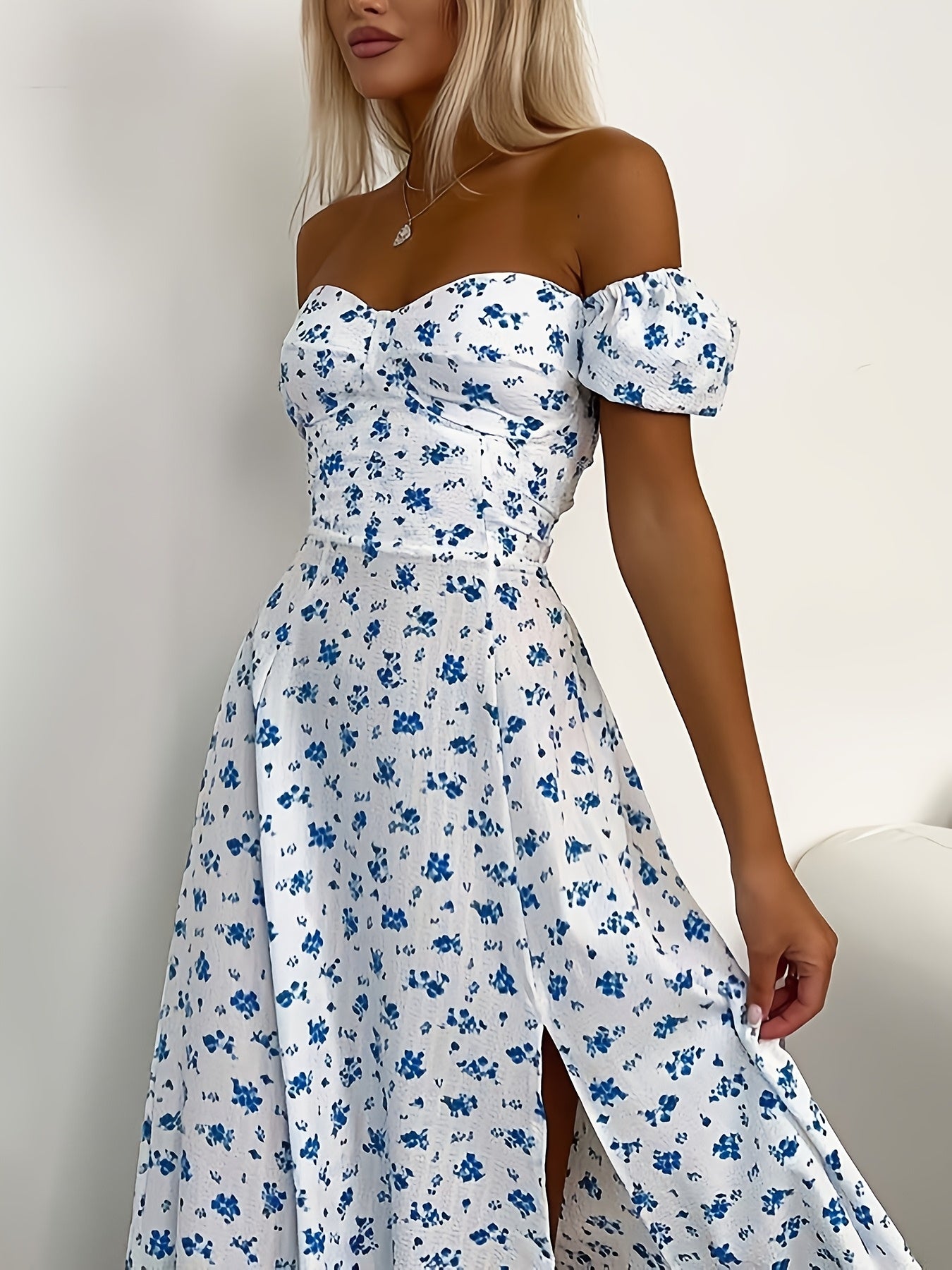 French-Style Midi Dress with Heart Neckline and Puff Sleeves