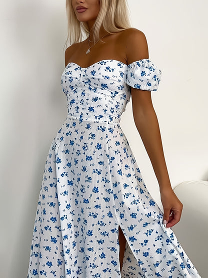 French-Style Midi Dress with Heart Neckline and Puff Sleeves