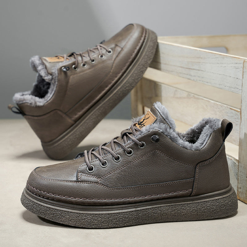 Men's Winter Warm PU -Like Hiking Sneakers with Plush -Like, EVA Cushioned Sole & Rubber Traction Tread - Low-Top Lace-Up Outdoor Shoes for Ice, Snow, Casual Wear (Black/Brown) - Cold Weather