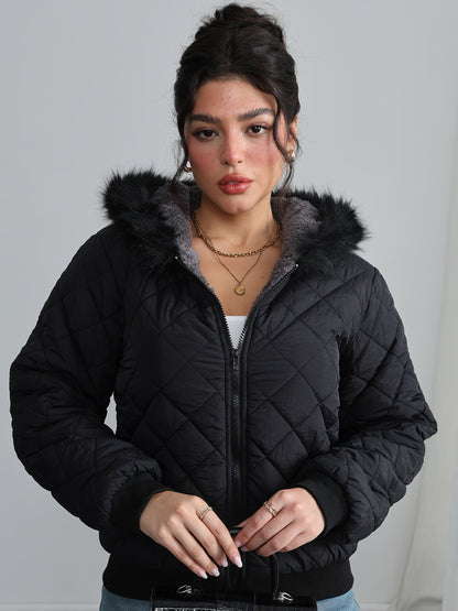 Կանացի հարմարավետ բրդյա աստառով գլխարկով բաճկոն - ամենօրյա երկար թևքերով, միագույն, սովորական չափսի, երկար թևքերով, կայծակաճարմանդով, ամենօրյա ոճով, ամենօրյա վերնազգեստ, ձմեռային բաճկոն