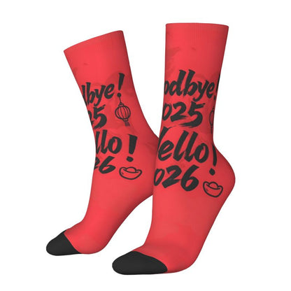 Men's 2026 New Year Themed Mid-Calf Socks with Chinese Character & Fireworks Print - Festive Party Socks for Celebrations, Machine Washable Casual Wear or New Year Outfits