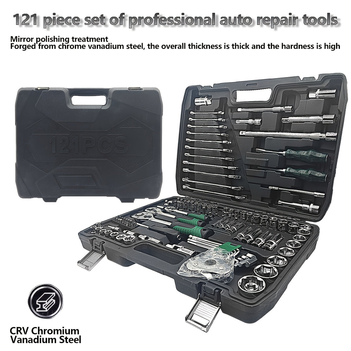 Black 46 and 121pcs of household car repair kit with plastic storage box, motorcycle repair kit, outdoor bicycle emergency bicycle repair tool, including hex wrench, universal joint, screwdriver, extension piece, slider