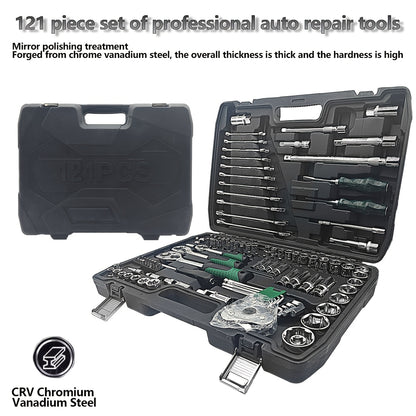 Black 46 and 121pcs of household car repair kit with plastic storage box, motorcycle repair kit, outdoor bicycle emergency bicycle repair tool, including hex wrench, universal joint, screwdriver, extension piece, slider