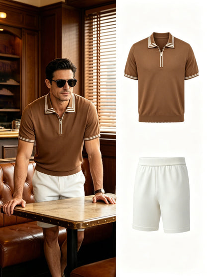 Men's Casual Striped Knit Polo & Lightweight Shorts Set