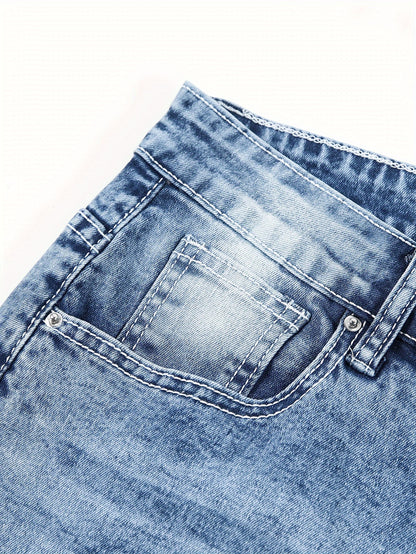 Men's Casual Slim Fit Stretch Jeans, Chic Street Style Distressed Denim Pants