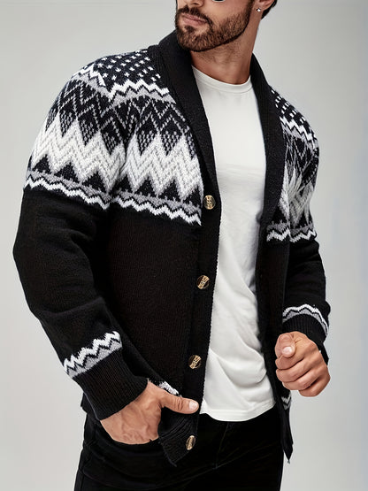 Men's Casual Geometric Pattern Cardigan Sweater - Navy Blue with White and Black Accents, Button-Up Collar, Machine Washable, Polyester for Fall/Winter