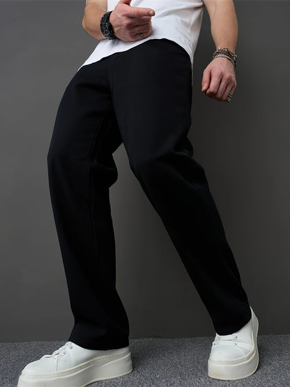 Men's Classic Black Straight-Leg Jeans - Loose Fit, Solid Color Denim, Cotton Blend, Machine Washable, All-Season Style, Streetwear Fashion|Modern Basic Jeans|Cotton Blend Denim