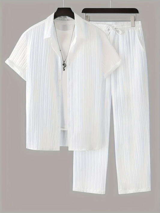 New Men's Short-Sleeved Cardigan Turnover Collar Shirt and Trousers Home Leisure Outerwear Set Men's Fashion Striped Style