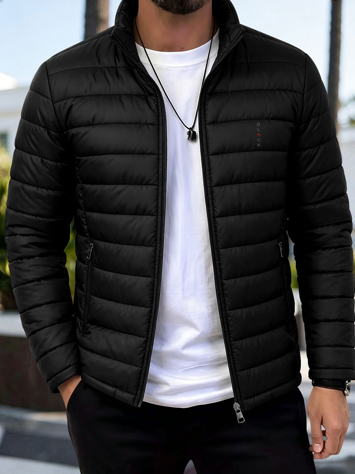 Men's Casual Stand Collar Padded Jacket with Zipper Pockets