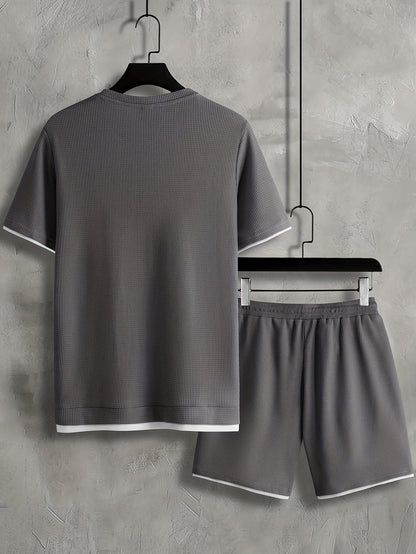 2Pcs Trendy Outfits For Men, Casual Crew Neck Short Sleeve T-shirt And Shorts Set For Summer, Men's Clothing Vacation Workout