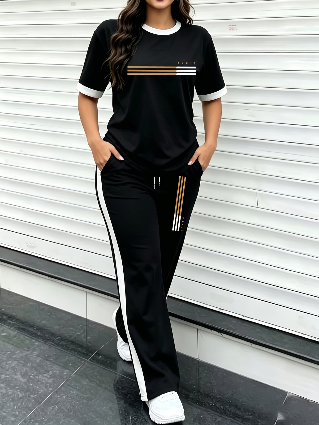 Women's Color-Block Casual Two-Piece Set with Wide-Leg Pants