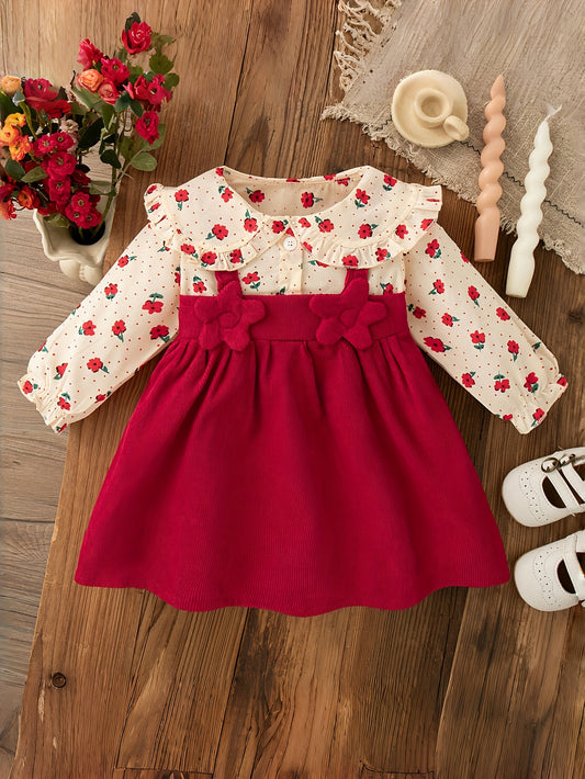 Կարմիր և սպիտակ պուանսետիայով և աստղերի նախշերով զգեստ՝ ծալքավոր օձիքով և ժանյակե զարդանախշով - Երկար թևքերով A-գծով ձմեռային երեկույթի զգեստ Սուրբ Ծննդյան, Նոր տարվա, լուսանկարահանումների համար - Կարճ փափուկ զգեստ (ձեռքով լվացվող հագուստ)