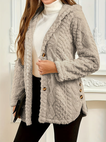 Elegant Pink Faux Fur Coat for Women - Chic Button-Front Hooded Jacket with Sleek Collar, Long Sleeves, and Ribbed Detailing - Perfect for Fall & Winter, Hand or Dry Clean Only