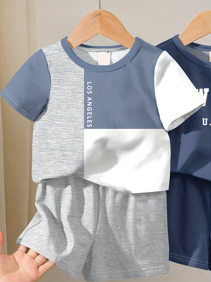 Boys' Summer Casual Sportswear Set with Color Block & Letters