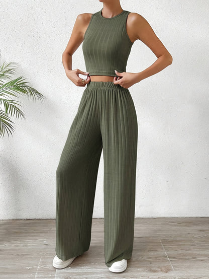 Solid Ribbed Elegant Pants Set, Crew Neck Sleeveless Slim Tank Top & Elastic Waist Wide Leg Pants Outfits, Women's Clothing