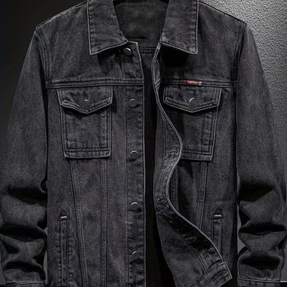 Men's Spring/Autumn Denim Jacket - Casual Chic Style, Black Blend with Red Accents, Button-Up with Flap Pockets, Long Sleeves, Ideal for Hiking & Casual Attire, Outdoor Apparel|Classic Denim Style|Durable Fabric