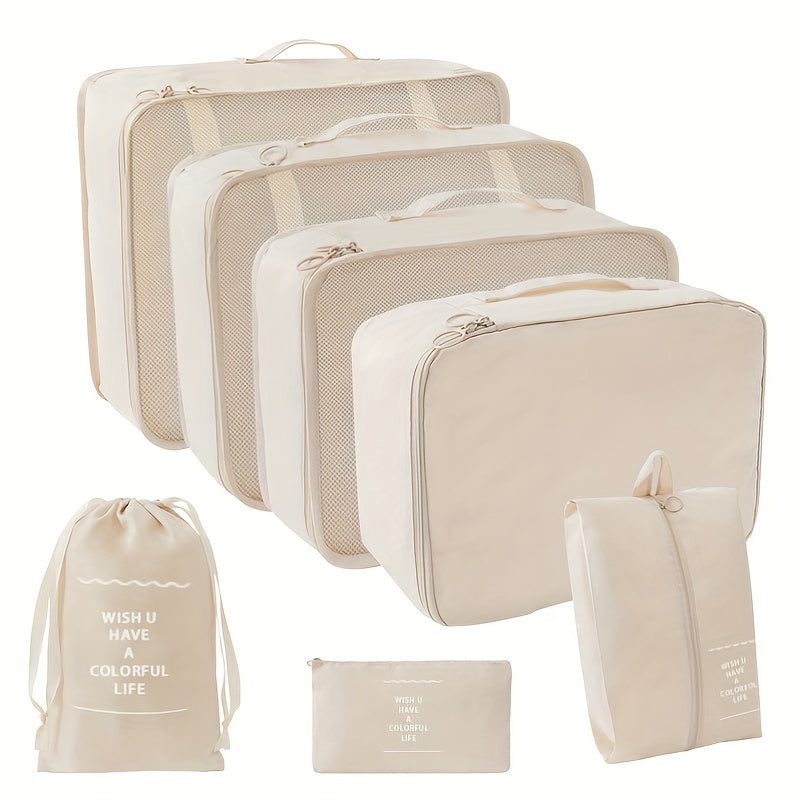 7pcs Pink Travel Organizer Set - Durable Polyester Packing Cubes with Inspirational Quotes, Includes Clothes, Underwear, Shoe, Cosmetic & Toiletry Bags for Efficient & Stylish Storage
