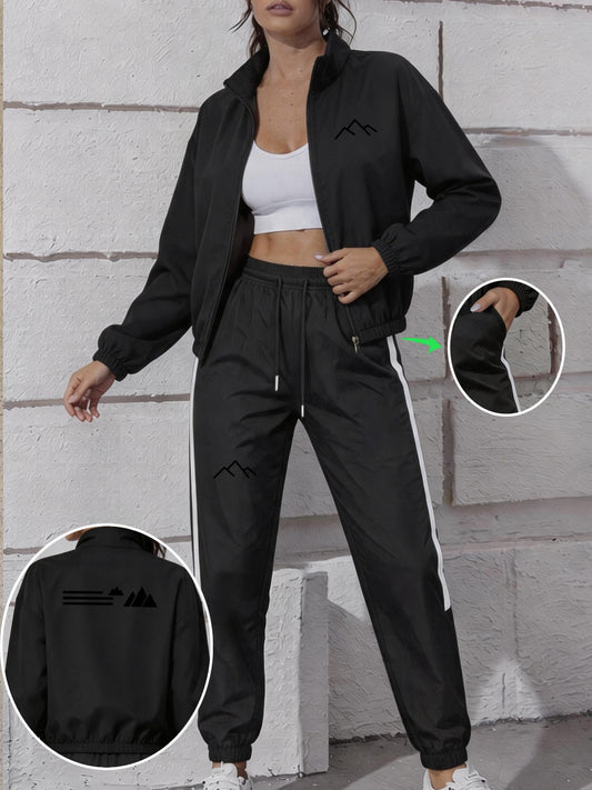 Women's Spring/Fall Trench Coat and Trousers Set with Print