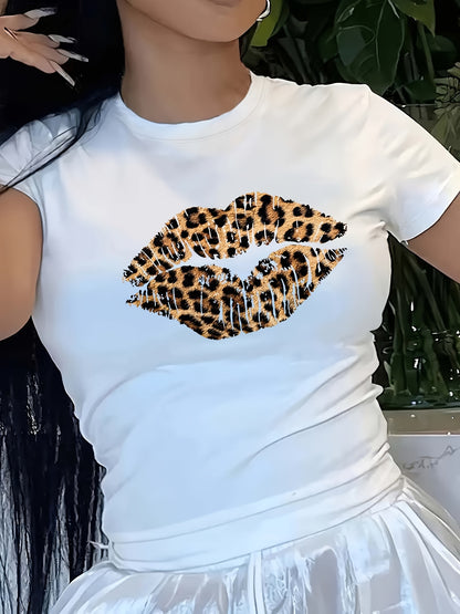 Leopard Lip Print Crew Neck T-shirt, հարմարավետ կարճաթև վերնաշապիկ ամառային և գարնան համար, կանացի հագուստ