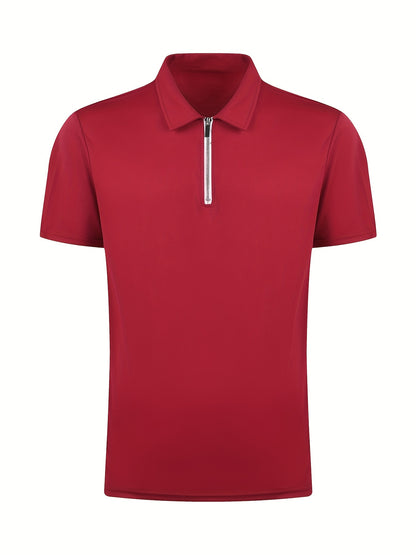[Golf Apparel] Men's Classic White Shirt - Casual Summer Style with Short Sleeves, Zipper Collar, and Stretch Polyester Fabric - Perfect for Streetwear & Golf