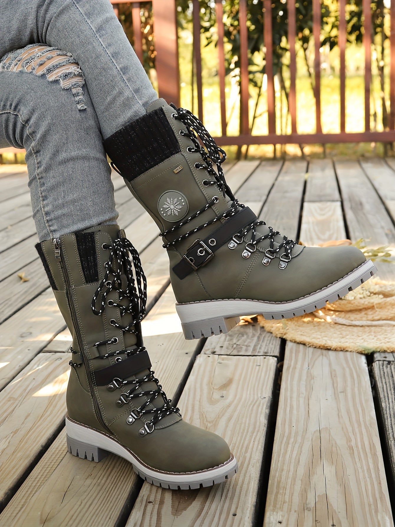 Women'S Comfortable Knitted Mid-Calf Winter Boots - Anti-Slip Side Zipper Lace-Up Design, Thick Sole, Fleece-Lined Retro Style in Black/Brown/Beige/Red/White for Casual Wear, Women Cowboy Boots, Women Winter Boots, Women Autu