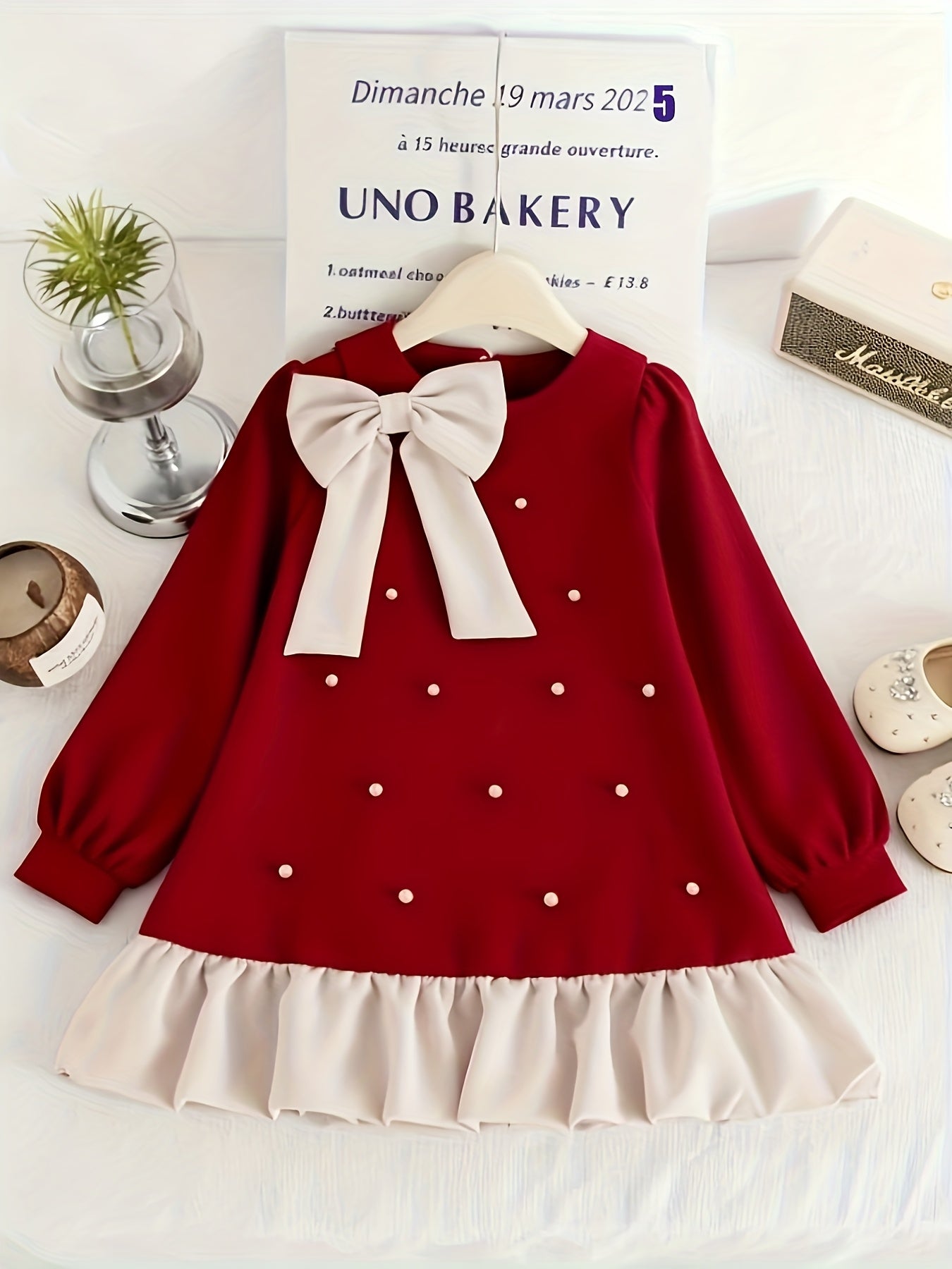Girls' Elegant Burgundy Princess Dress with Bow & Ruffled Hem - Long Sleeve A-Line Party & Everyday Dress for Fall/Winter, Non-Stretchy Fabric, Perfect For Holiday Celebrations & Casual Outings, Princess Dress For Girls, Wint