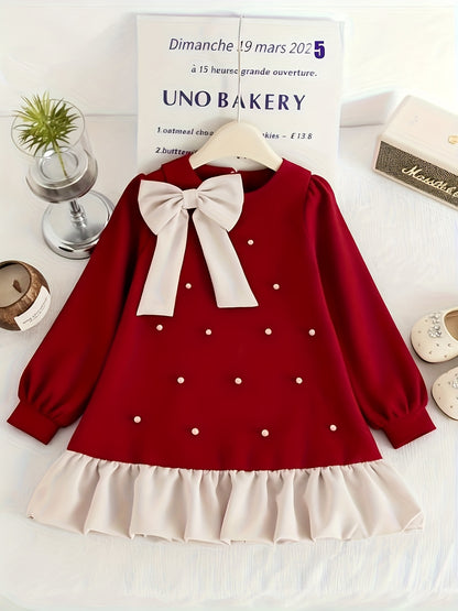Girls' Elegant Burgundy Princess Dress with Bow & Ruffled Hem - Long Sleeve A-Line Party & Everyday Dress for Fall/Winter, Non-Stretchy Fabric, Perfect For Holiday Celebrations & Casual Outings, Princess Dress For Girls, Wint