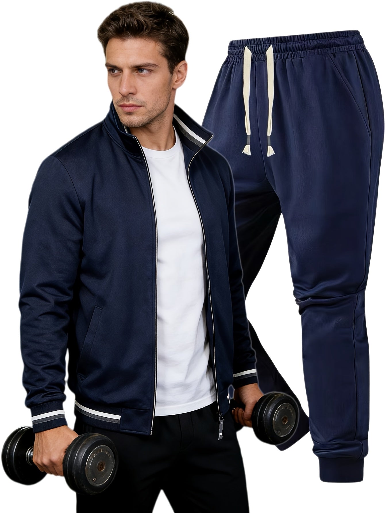 Men'S Pilot Jacket And Casual Pants Set for Spring And Autumn, Featuring a Stylish Ribbed Collar And Available in Three Solid Colors with Straight-Leg Trousers