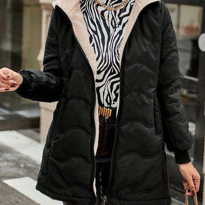 1pc Women'S Winter Warmth Casual Fleece-Lined Jacket with Zipper Pockets - Solid Color Polyester Woven Outerwear