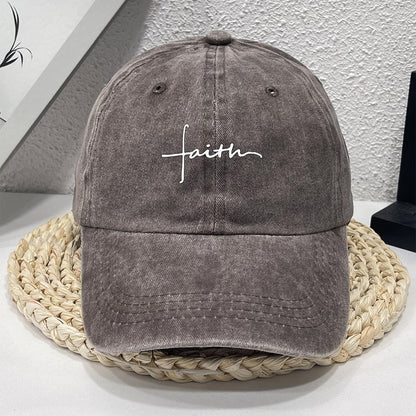 Vintage Street Style Water Wash Denim Polyester Baseball Cap, Faith Print, for Men, Women