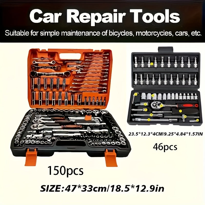 151/46pcs Automotive And Motorcycle Repair Tool Kit - Made of Durable Chrome Vanadium Steel, Includes Ratchet Wrenches And Screwdrivers.