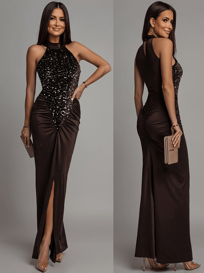 Deep Brown Halter Neck Sequin Fishtail Long Skirt with Slit - ayq