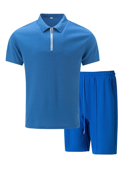 Men's Summer Casual 3-Piece Tracksuit Waffle Knit Half-Zip