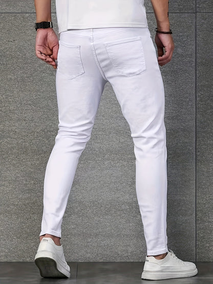 Men's Stretch Denim Jeans - Light Gray, Skinny Fit, All-Season Comfort, Street Style with Button Fly & Pockets