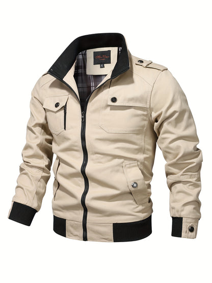 Men's Casual Bomber Jacket, Cotton Stand Collar Windbreaker Jacket With Pockets For Fall Winter