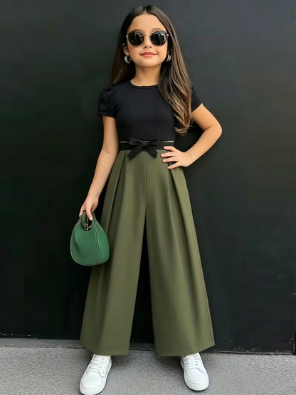 Girls' Retro Elegant 2-Piece Set: Mesh Puff Sleeve Top & Wide-Leg Pant